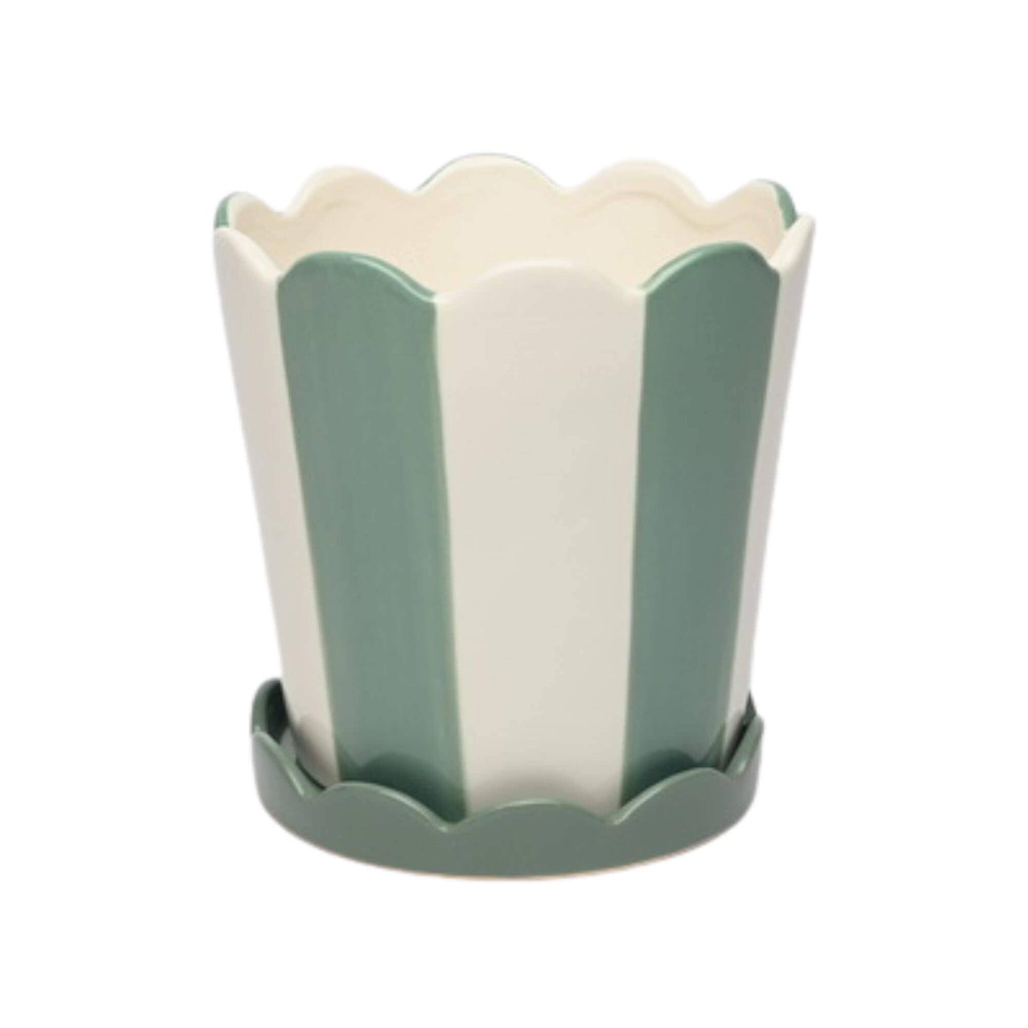 White & Blue Striped Pot with Scalloped Saucer (Large)