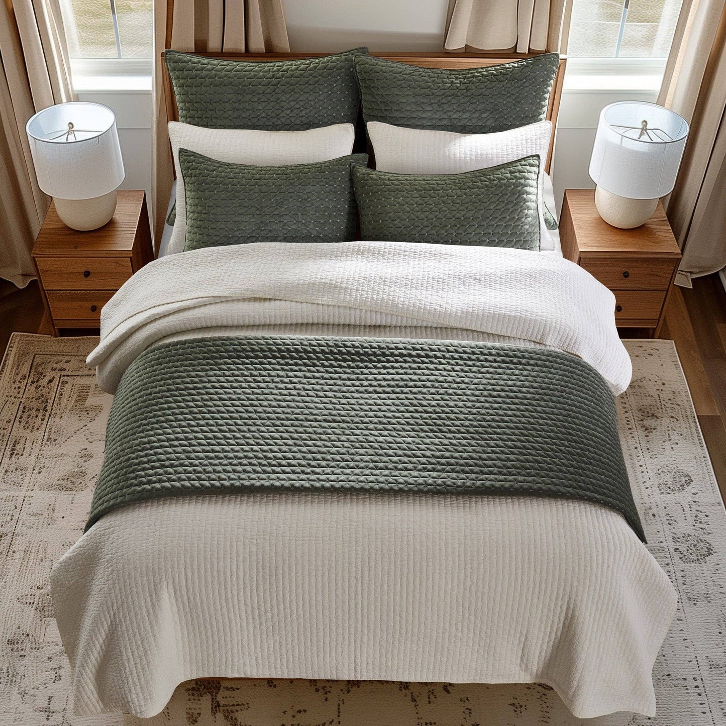Velvet Stitch Quilt Set: Green / Full/Queen
