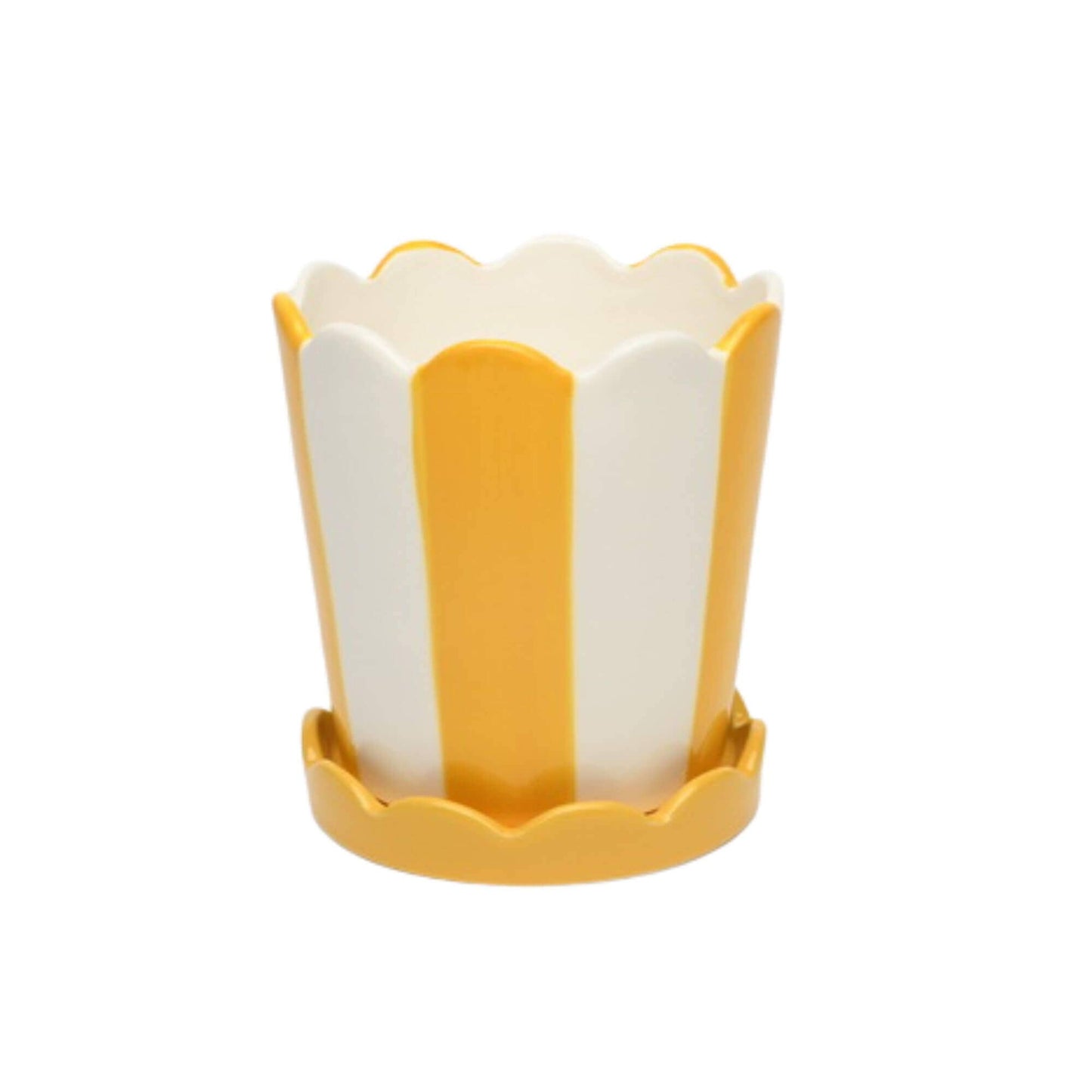 White & Yellow Striped Pot with Scalloped Saucer (Small)