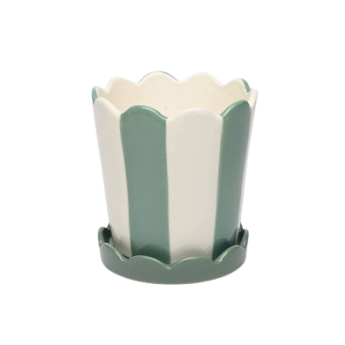 White & Blue Striped Pot with Scalloped Saucer (Small)