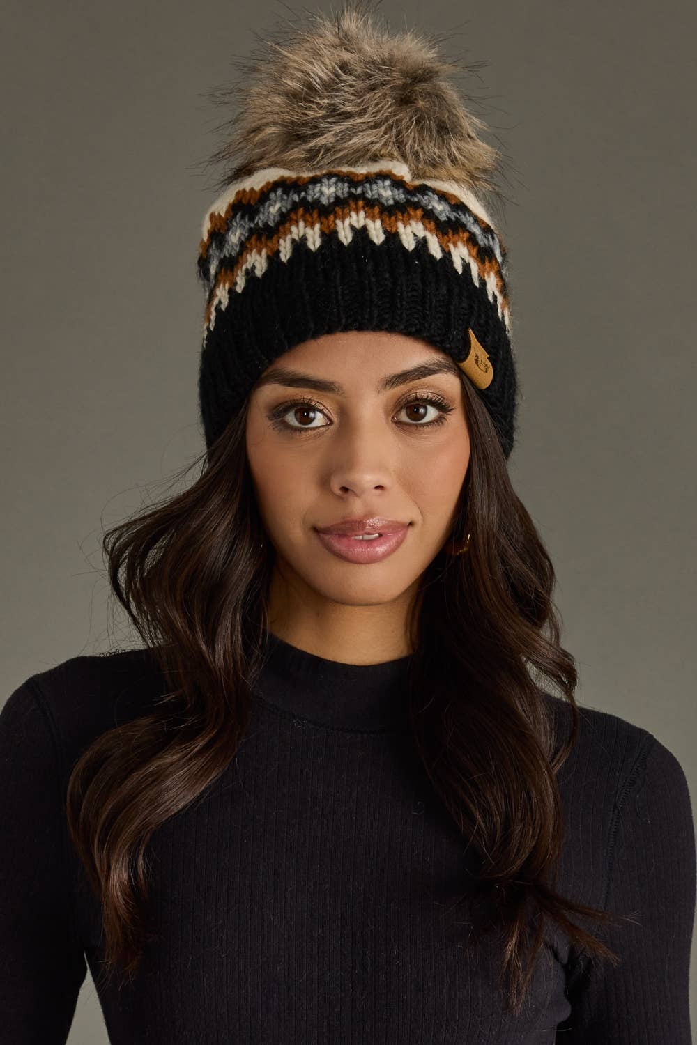 Cream, Rust, Black & Gray Patterned Pom Hat