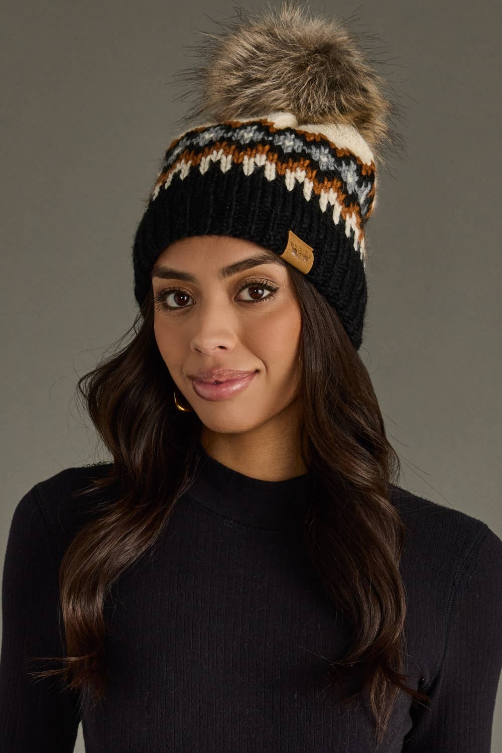 Cream, Rust, Black & Gray Patterned Pom Hat