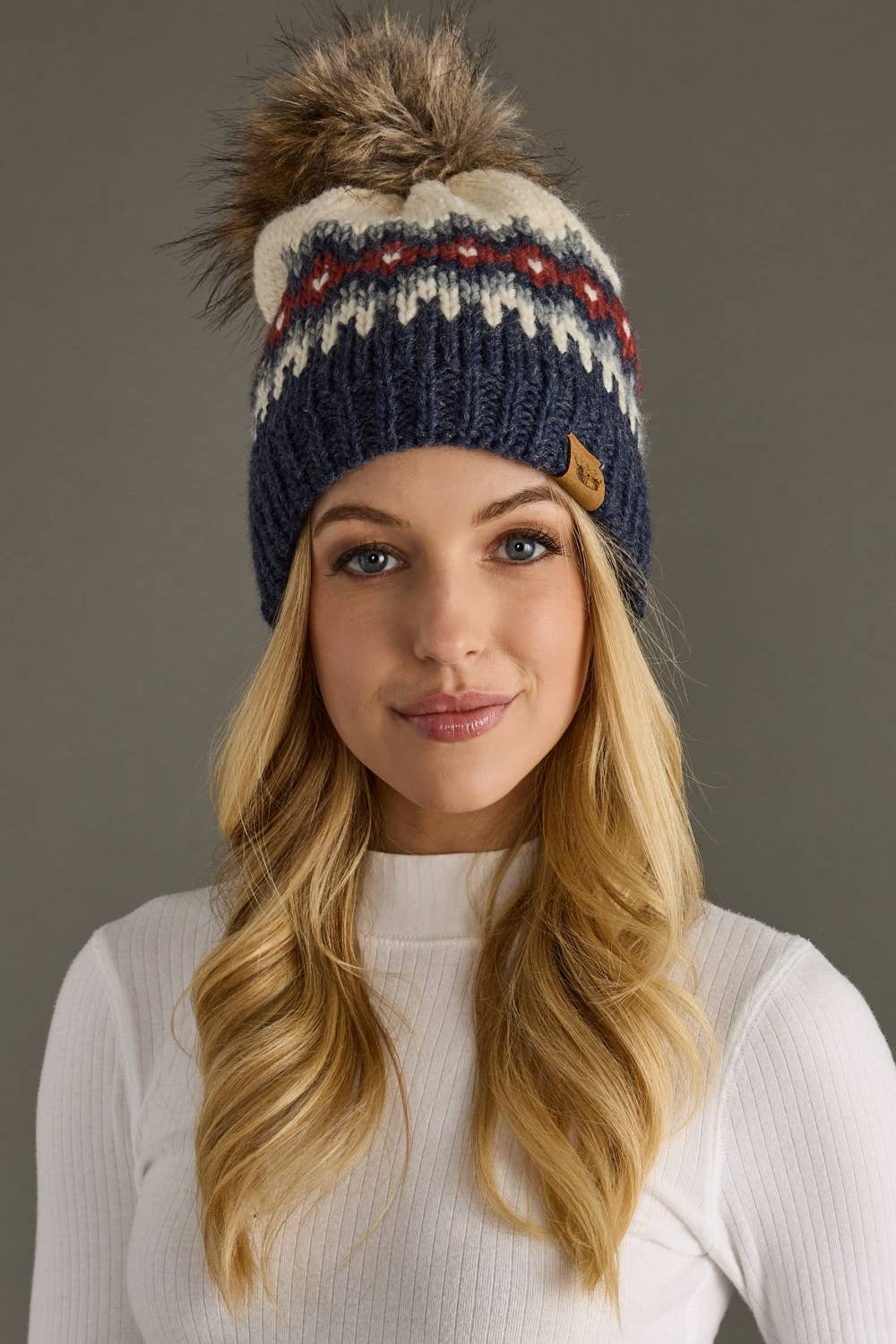 Cream, Blue, Red & Gray Patterned Pom Hat