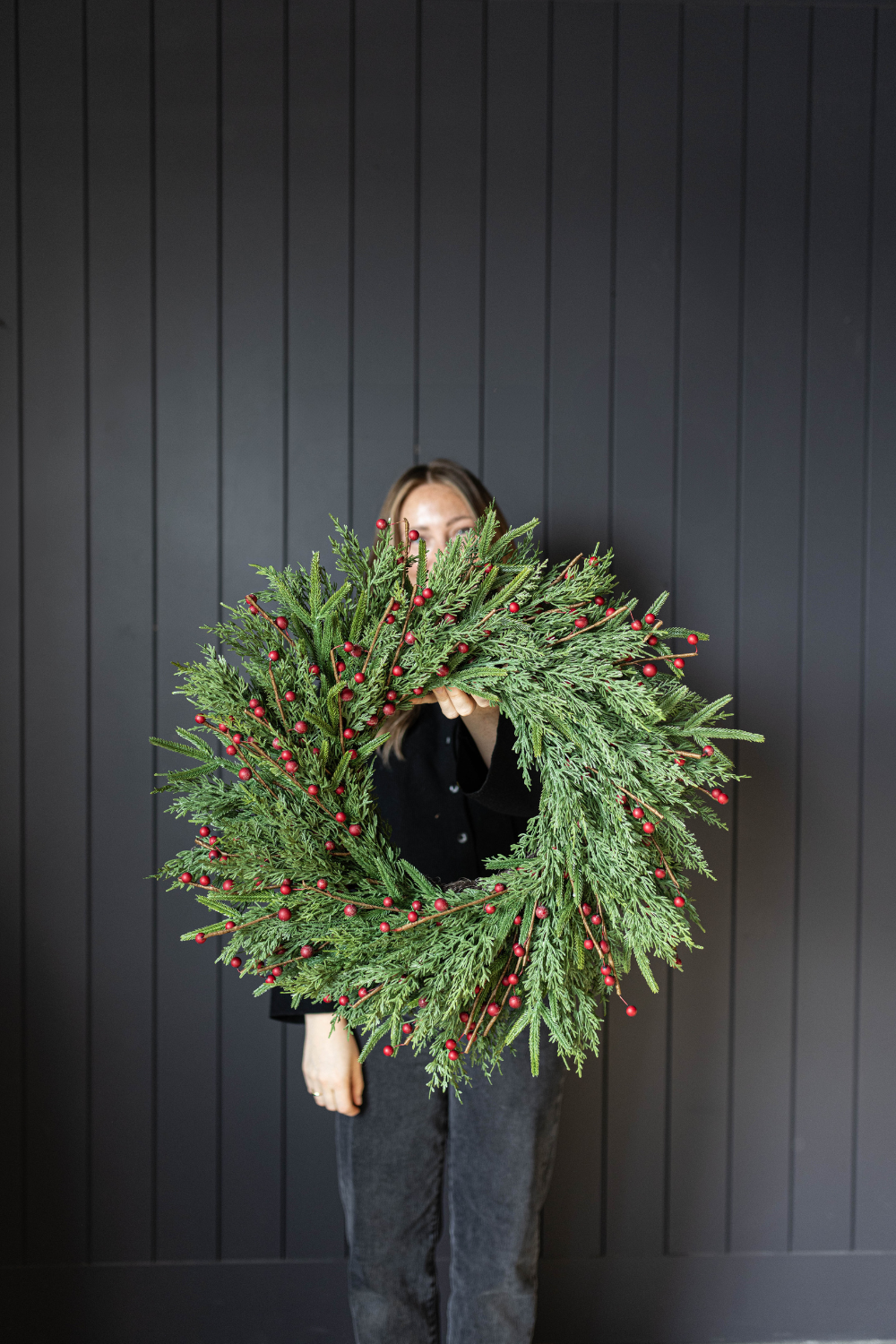 Red Plum Berry Norfolk Cypress Real Touch Wreath - 24"