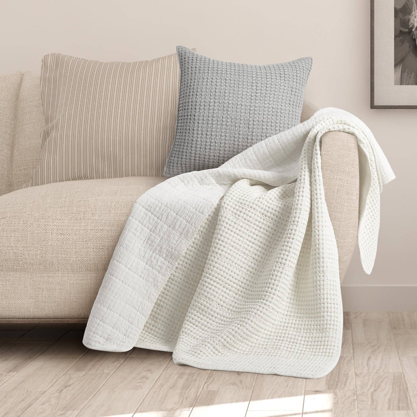 Mills Waffle Quilted Throw: Cream