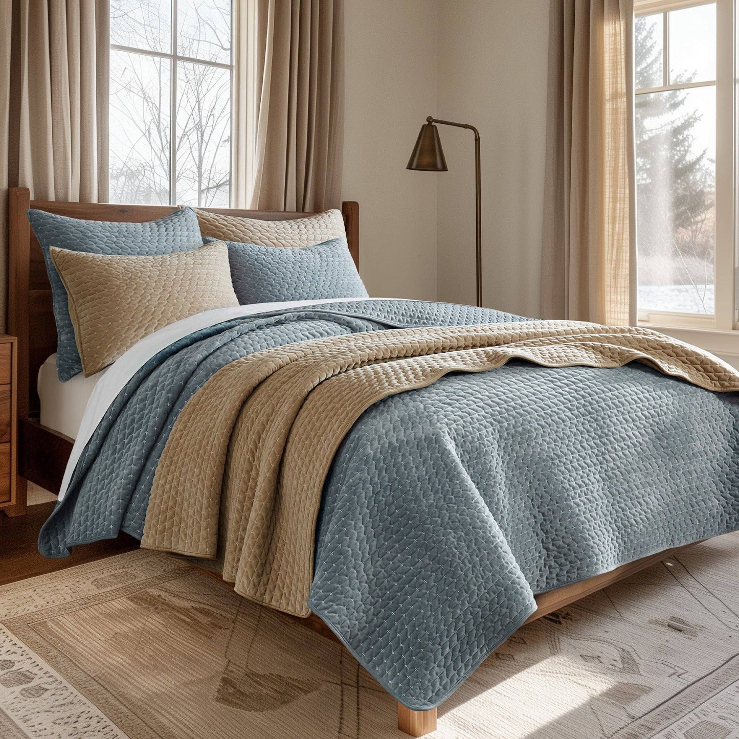 Velvet Stitch Quilt Set: Green / King/Cal King