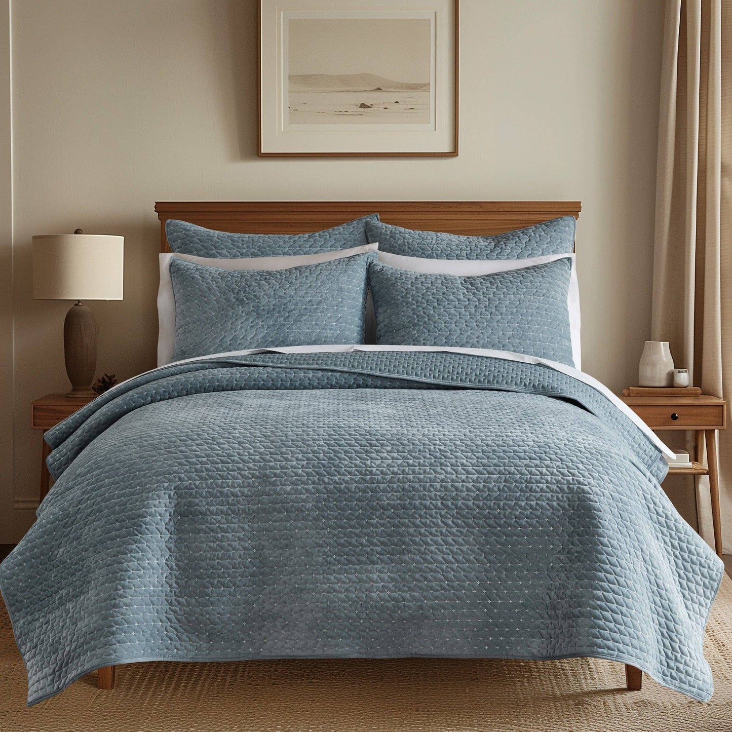 Velvet Stitch Quilt Set: Green / Full/Queen