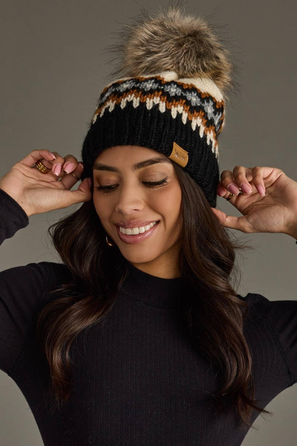 Cream, Rust, Black & Gray Patterned Pom Hat