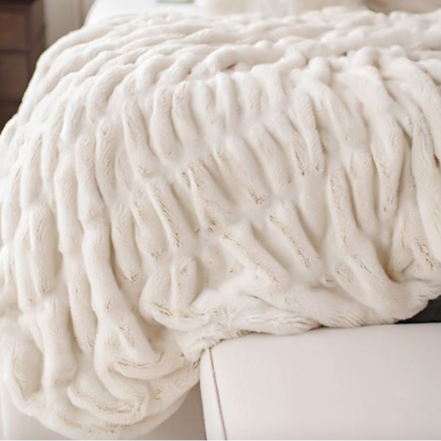 Luxury Ultra Soft Ruched Faux Fur Throw- Beige