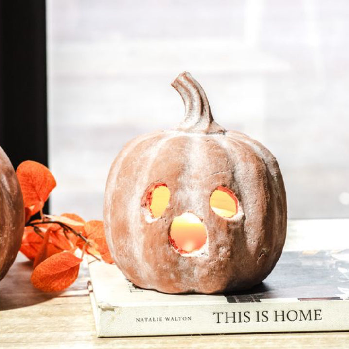 Rustic 8" Terracotta Ghost Face Pumpkin