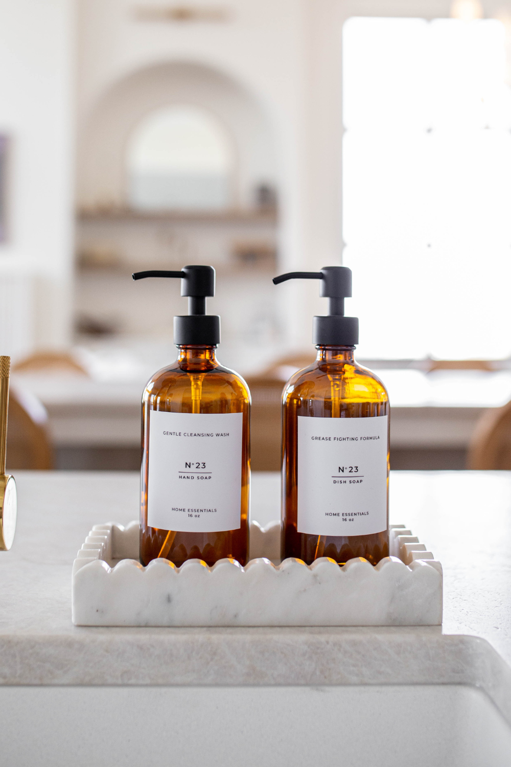 Amber Soap Bottle Reusable Dispenser with Label- Dish or Hand Soap