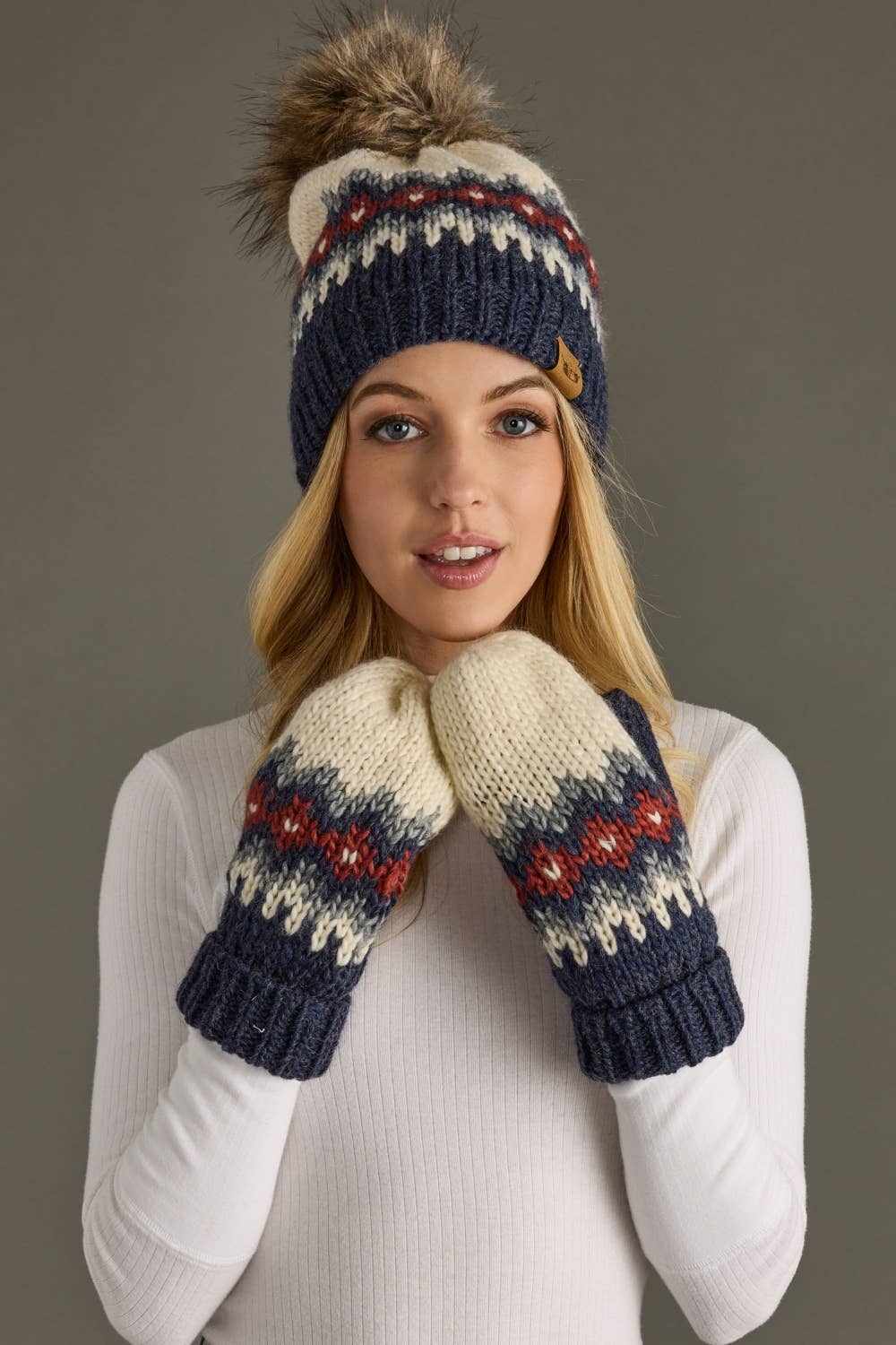 Cream, Blue, Red & Gray Patterned Pom Hat