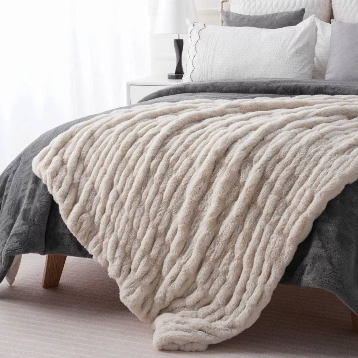 Luxury Ultra Soft Ruched Faux Fur Throw- Beige