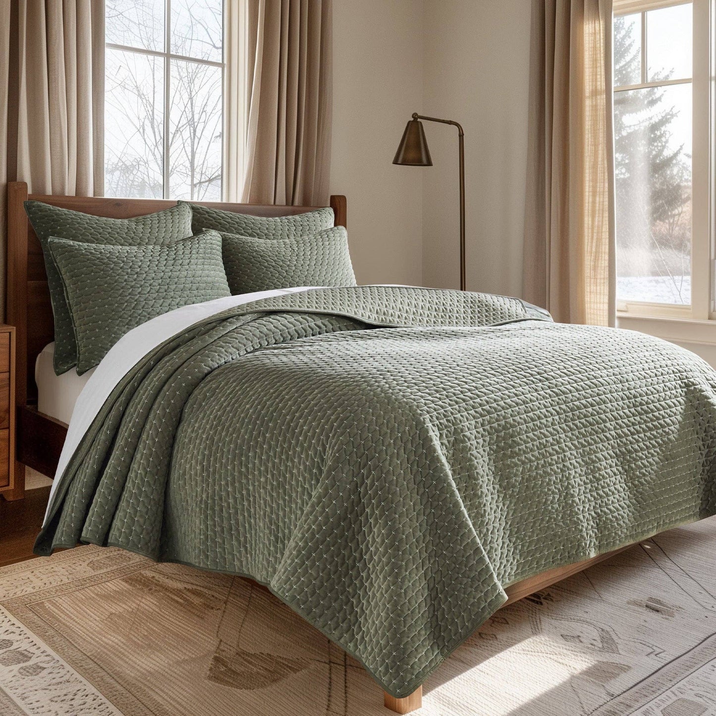 Velvet Stitch Quilt Set: Green / King/Cal King