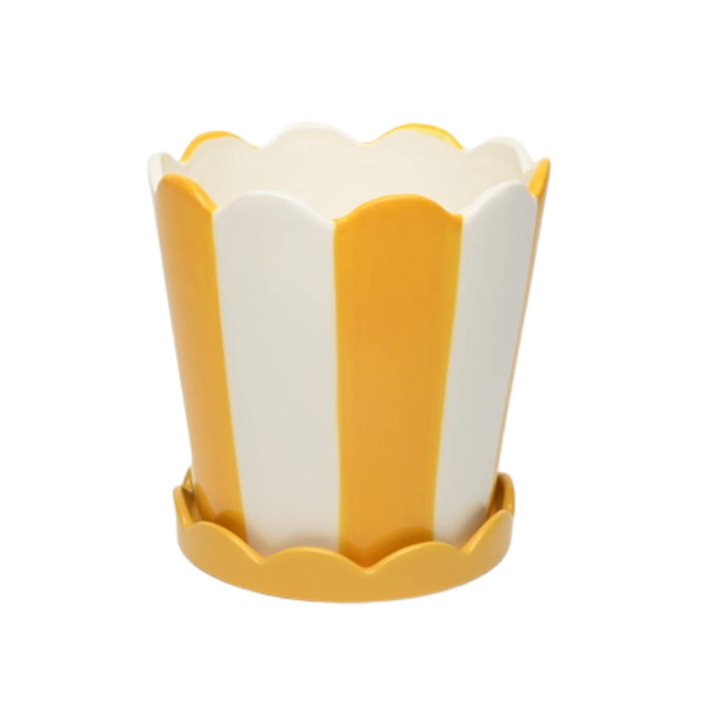 White & Yellow Striped Pot with Scalloped Saucer (Large)