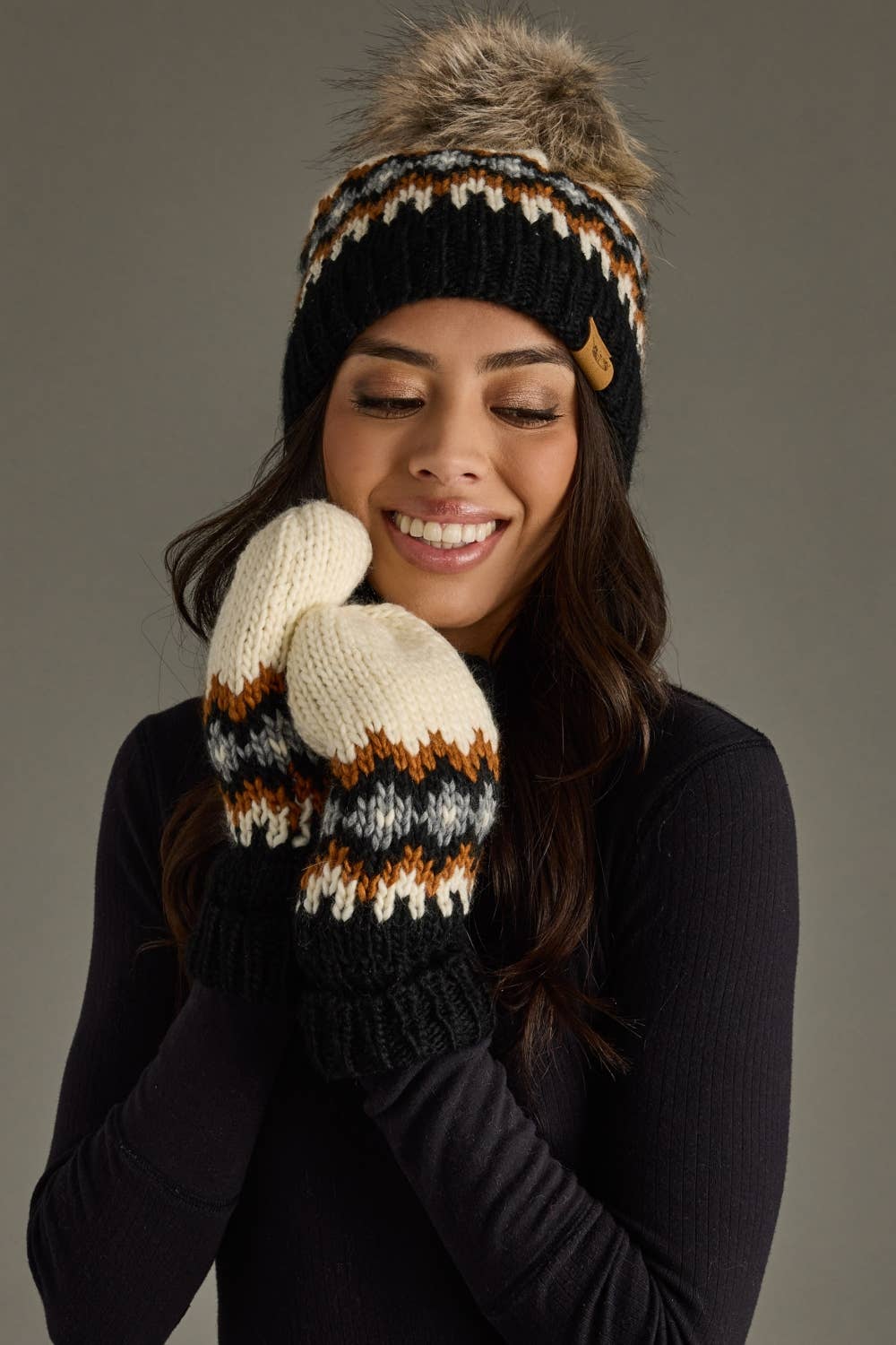 Cream, Rust, Black & Gray Patterned Pom Hat