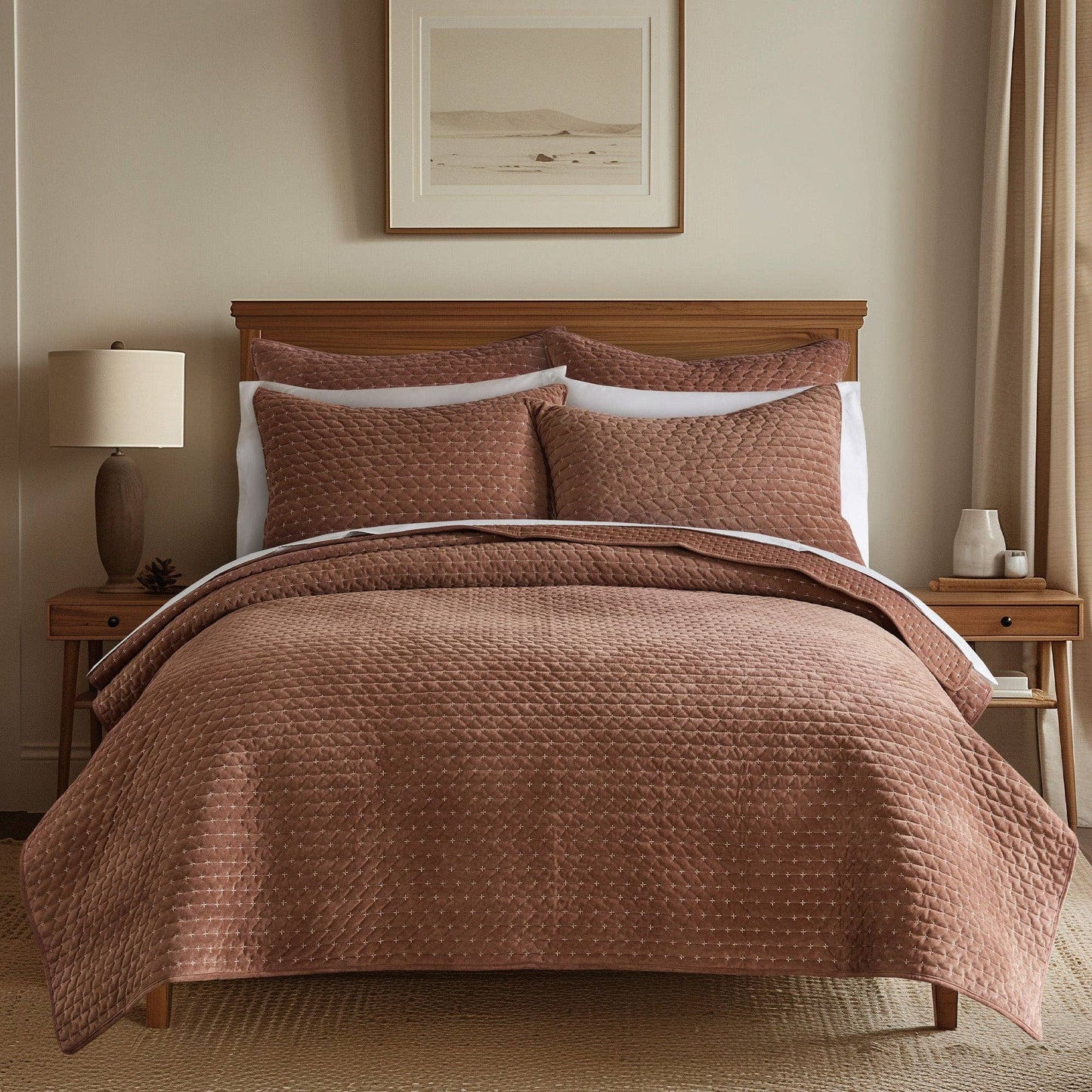 Velvet Stitch Quilt Set: Rust / King/Cal King