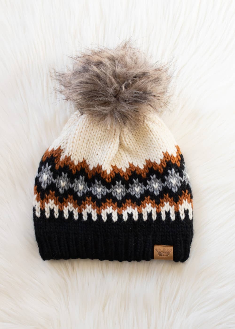 Cream, Rust, Black & Gray Patterned Pom Hat