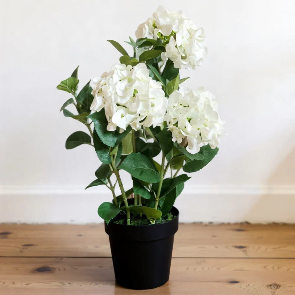 25.5" Fresh Touch White Hydrangea In Plastic Black Pot