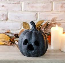 Rustic 8” Black Terracotta Ghost Face Pumpkin
