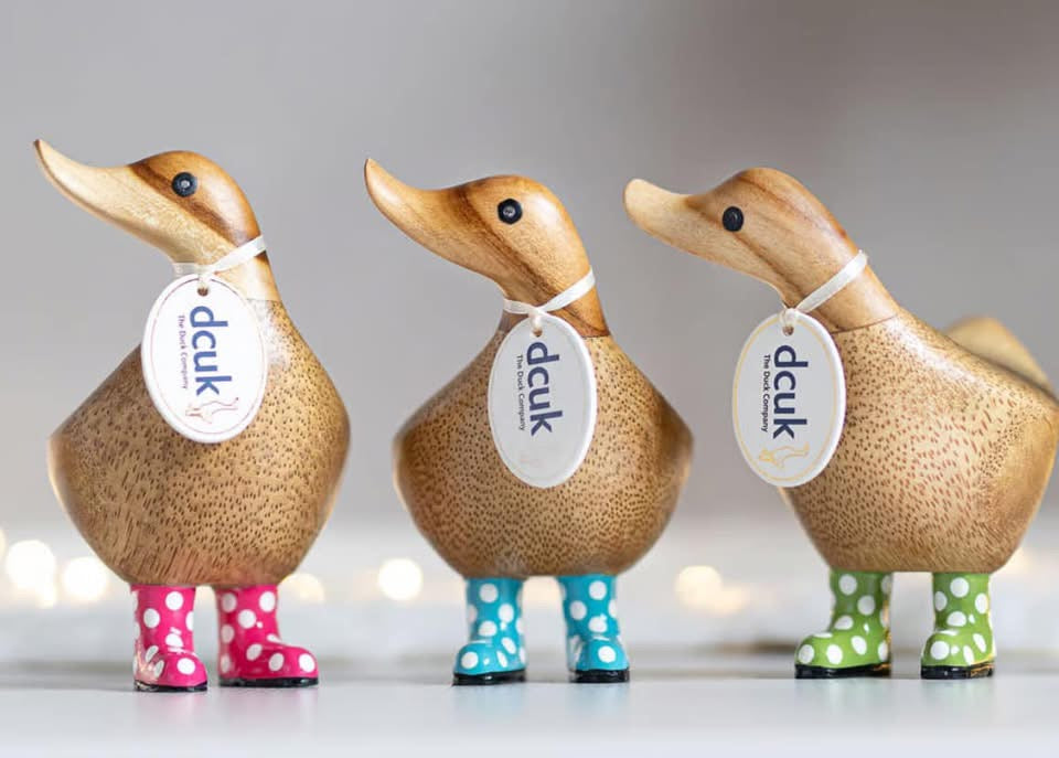 Carved Hand Painted Adorable Polka Dot Rain Boot Ducks