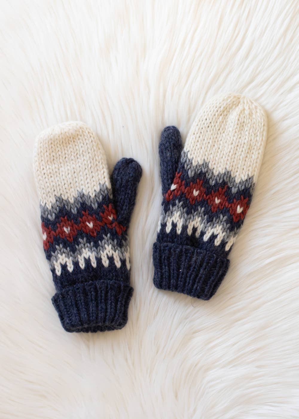 Cream, Blue, Red & Gray Patterned Mittens