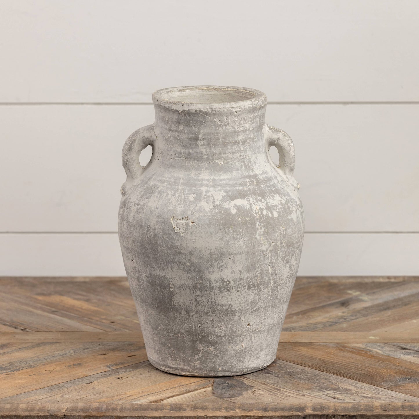 12" Whitewash Terracotta Vase W/ Handles