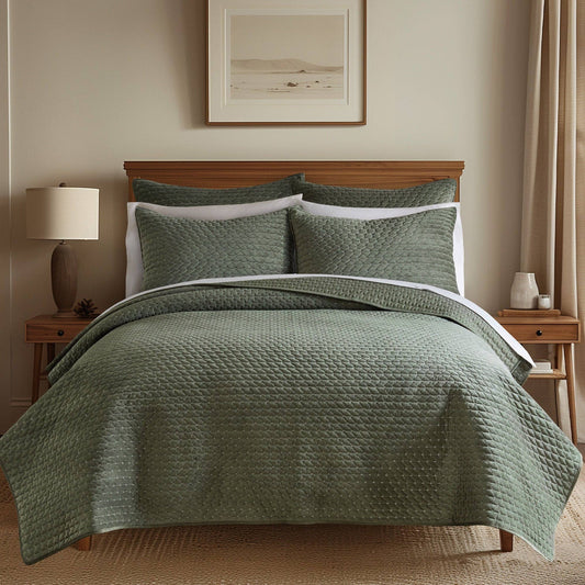 Velvet Stitch Quilt Set: Green / King/Cal King