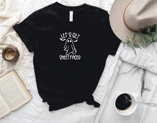 Lets Get Sheet Faced T-Shirt, Boozy Halloween tee for women