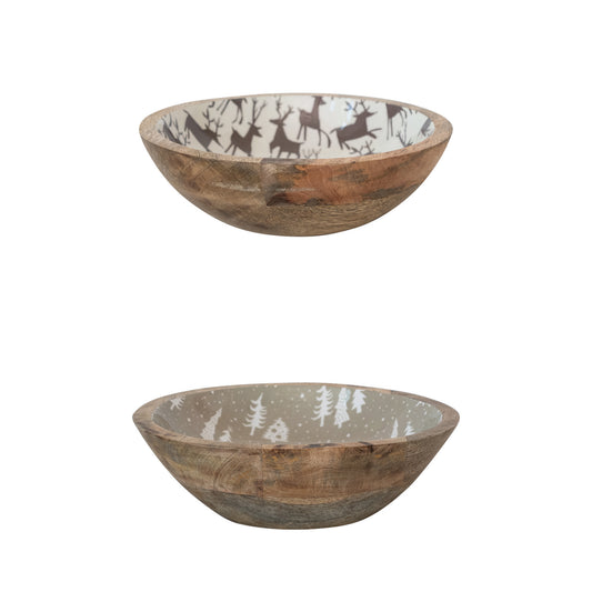 Enameled Mango Wood Bowl Set - Set of 2