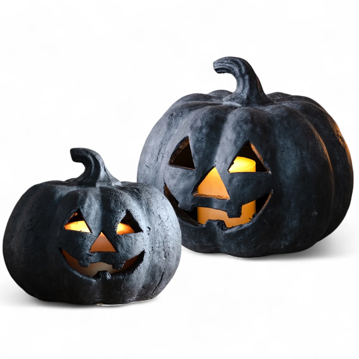 Rustic Black Terracotta Jack-O-Lantern Pumpkins | 2 Sizes
