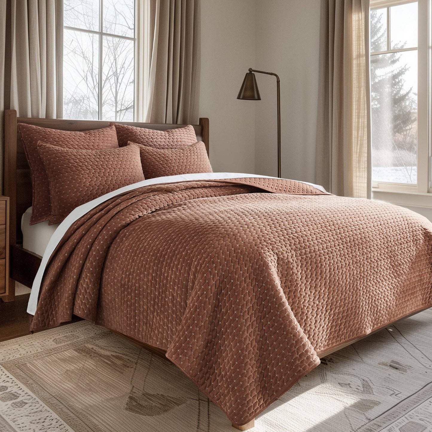 Velvet Stitch Quilt Set: Rust / King/Cal King