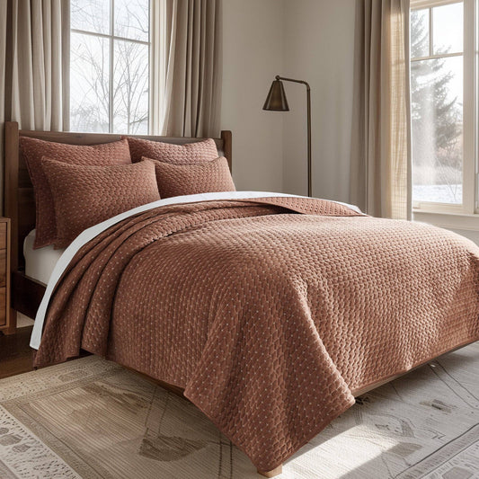 Velvet Stitch Quilt Set: Rust / Full/Queen