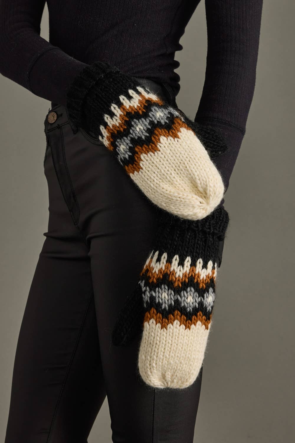 Cream, Rust, Black & Gray Patterned Mittens