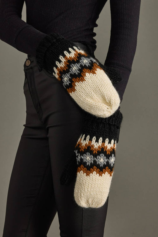Cream, Rust, Black & Gray Patterned Mittens