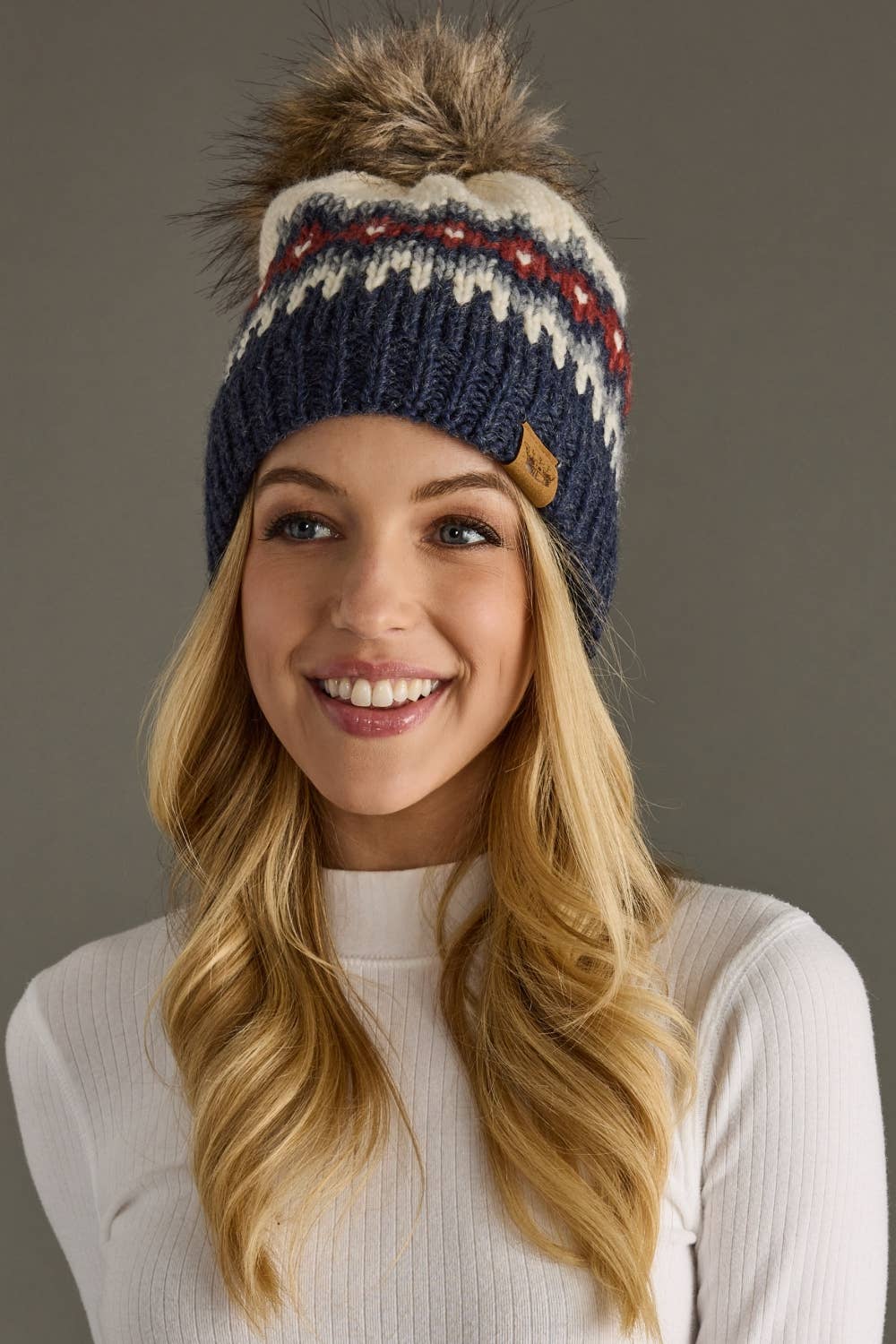 Cream, Blue, Red & Gray Patterned Pom Hat