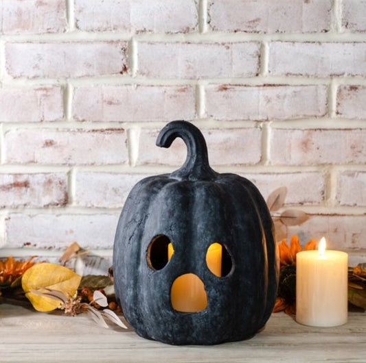 Rustic 12" Black Terracotta Ghost Face Pumpkin