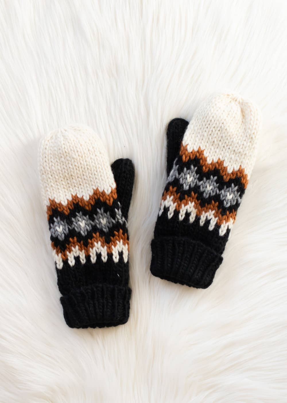 Cream, Rust, Black & Gray Patterned Mittens
