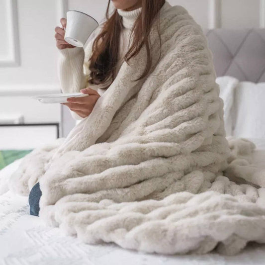 Luxury Ultra Soft Ruched Faux Fur Throw- Beige