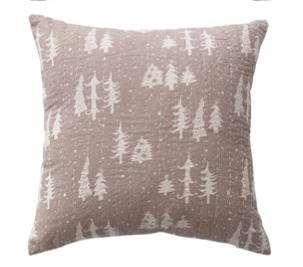 18" Square Pillow with Hand-Embroidered Kantha Stitch - Brown Tree