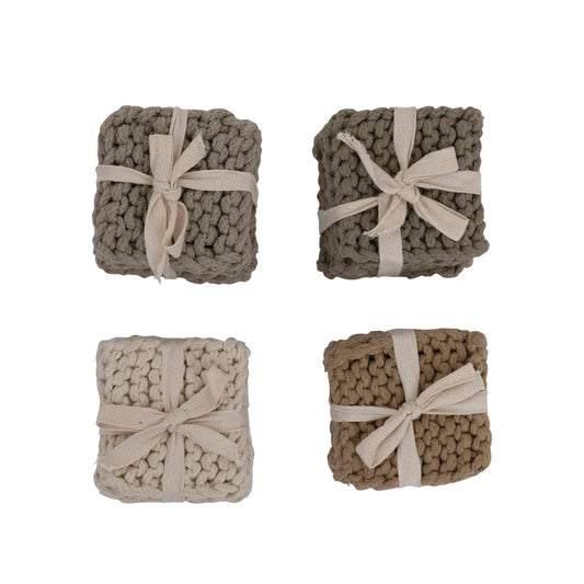 4" Square Cotton Crocheted Coasters, 4 Colors - Set of 4