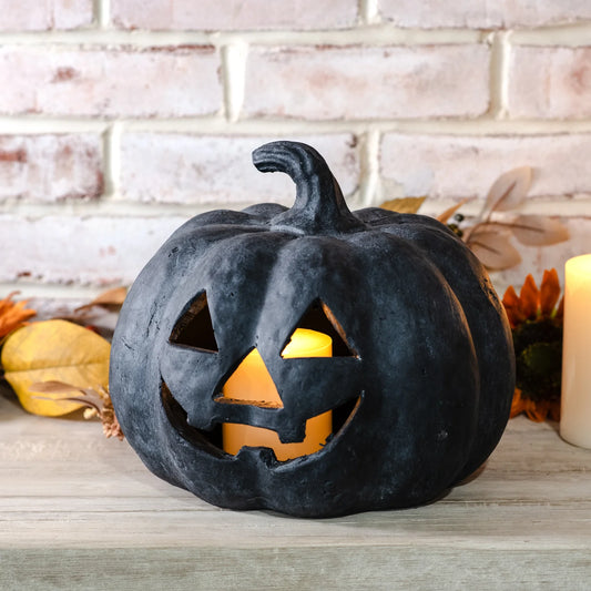 Rustic Black Terracotta Jack-O-Lantern Pumpkins | 2 Sizes