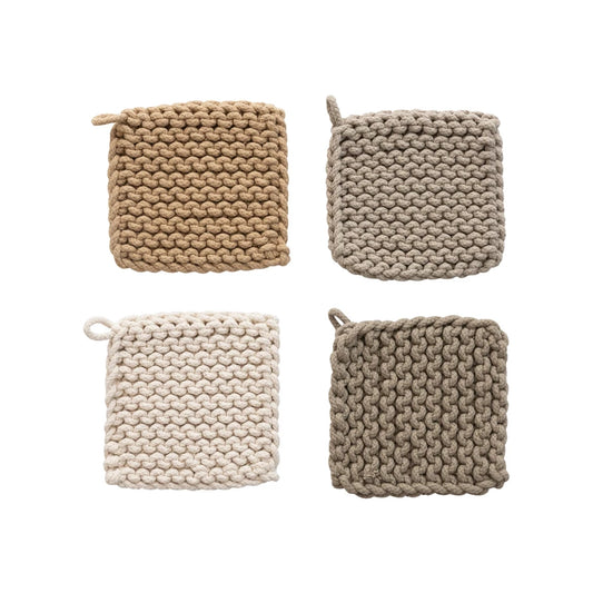8" Square Cotton Crocheted Pot Holder, 4 Colors