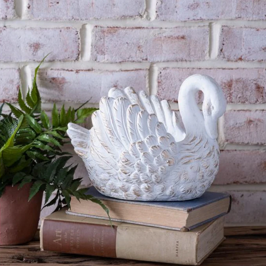 Gold Wash White Cement Swan Planter