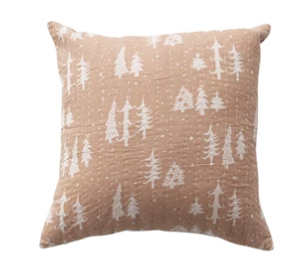 18" Square Pillow with Hand-Embroidered Kantha Stitch - Taupe Tree