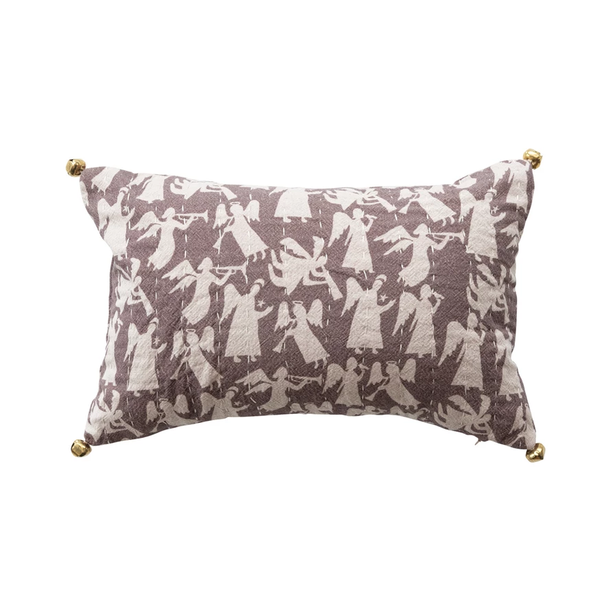 14"L x 9"H Stonewashed Cotton Voile Printed Lumbar Pillow with Angels Pattern, Hand-Embroidered Kantha Stitch & Jingle Bells