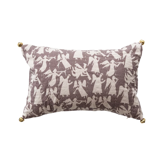 14"L x 9"H Stonewashed Cotton Voile Printed Lumbar Pillow with Angels Pattern, Hand-Embroidered Kantha Stitch & Jingle Bells