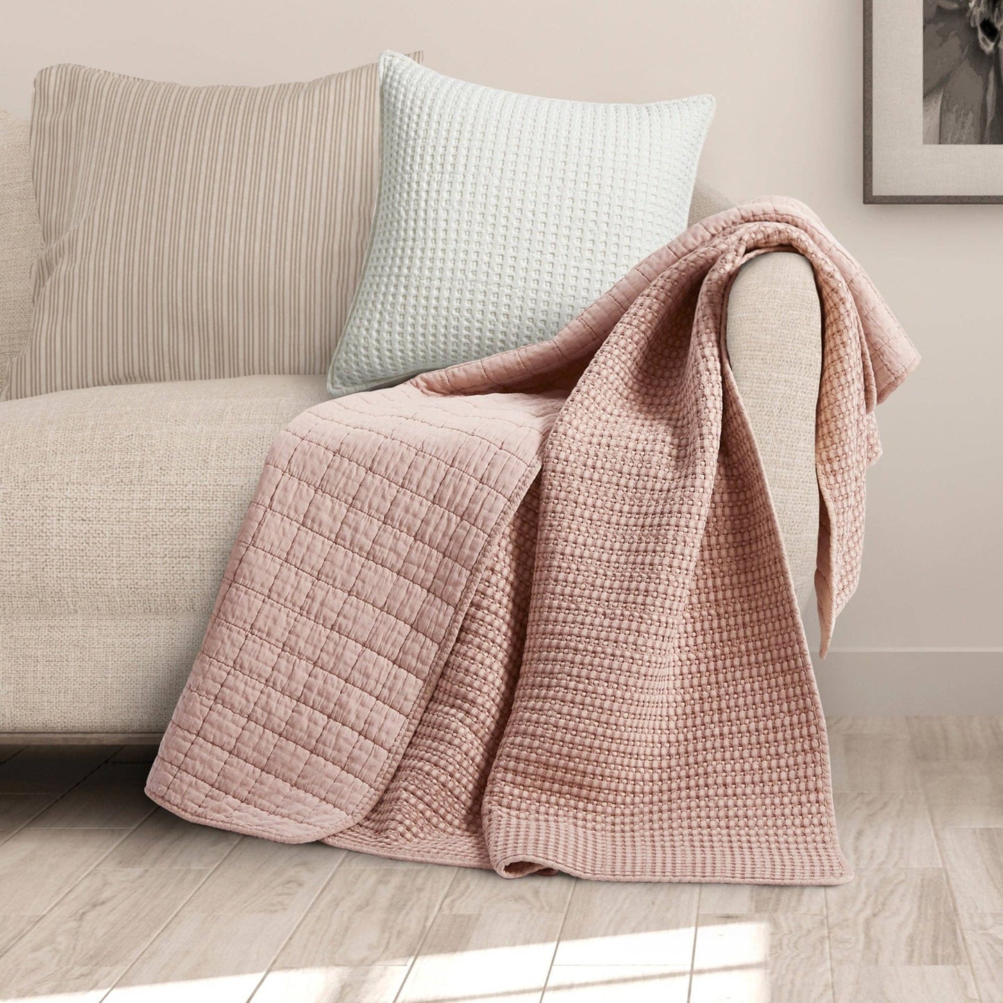 Mills Waffle Quilted Throw: Blush