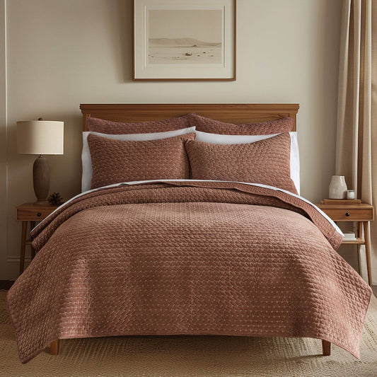 Velvet Stitch Quilt Set: Rust / Full/Queen
