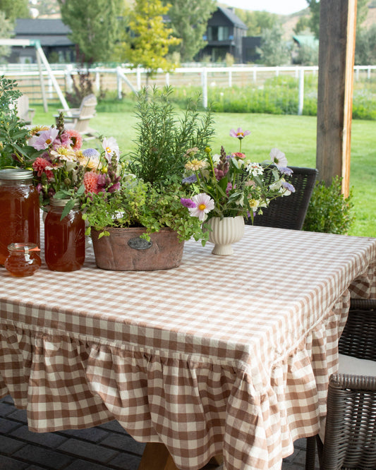 Hazelnut Ruffled Gingham Tablecloth